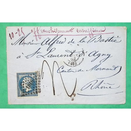 N°14B PC 1818 LYON AFFRANCHISSEMENT INSUFFISANT TAXE MANUSCRITE 4 POUR ALFRED DE LA BASTIE ST LAURENT D'AGNY 1862 FRANCE