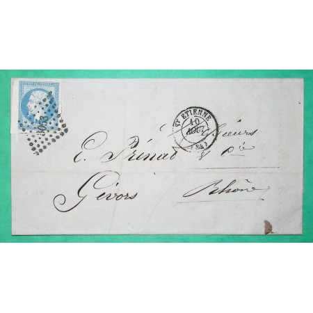 N°14A BDF PC 3053 ST ETIENNE LOIRE POUR GIVORS RHONE 1858 LETTRE COVER FRANCE