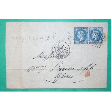 N°29 x2 GC 2240 MARSEILLE BOUCHES DU RHONE POUR GENES GENOVA ITALIE ITALIA 1870 LETTRE COVER FRANCE