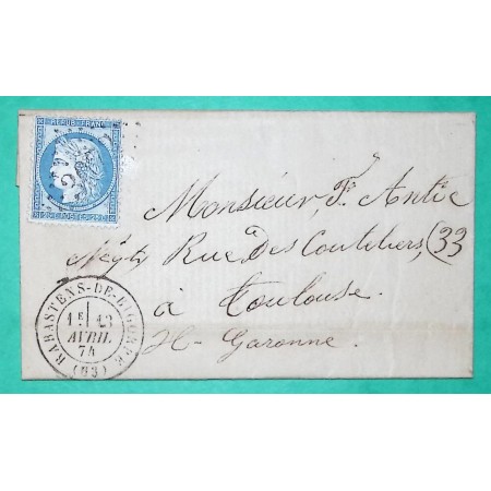 N°60A GC 3073 RABASTENS DE BIGORRE HAUTES PYRENEES POUR TOULOUSE HAUTE GARONNE 1874 LETTRE COVER FRANCE