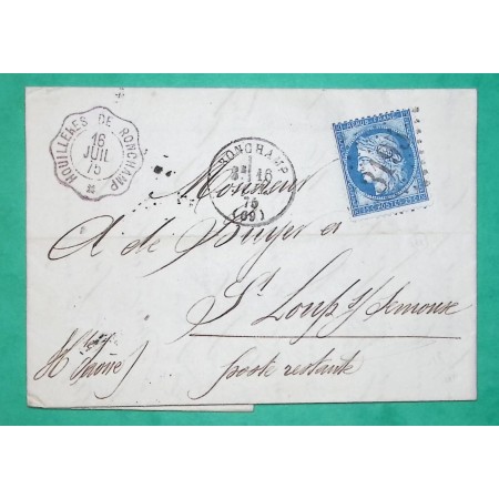 N°60A GC 3195 RONCHAMP HAUTE SAONE TEXTE MINES HOUILLERES POUR ST LOUP SUR SEMOUSE POSTE RESTANTE 1875 COVER FRANCE