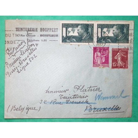 N°189 + 289 + 337 x2 SEMEUSE PAIX MERMOZ LETTRE PAR AVION PREMIERE LIAISON PARIS BRUXELLES LIGUE 502 1937 COVER FRANCE