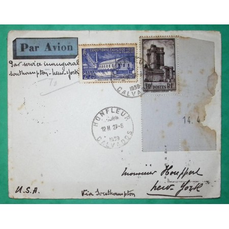 N°393 + 430 DONJON VINCENNES MACHINE MARLY LETTRE PAR AVION HONFLEUR CALVADOS POUR NEW YORK USA AMERICA 1939 FRANCE