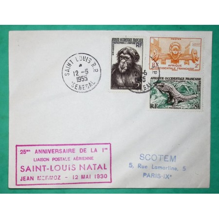 25ème ANNIVERSAIRE LIAISON POSTALE AERIENNE ST LOUIS NATAL SENEGAL JEAN MERMOZ 1930 LETTRE PAR AVION COVER FRANCE