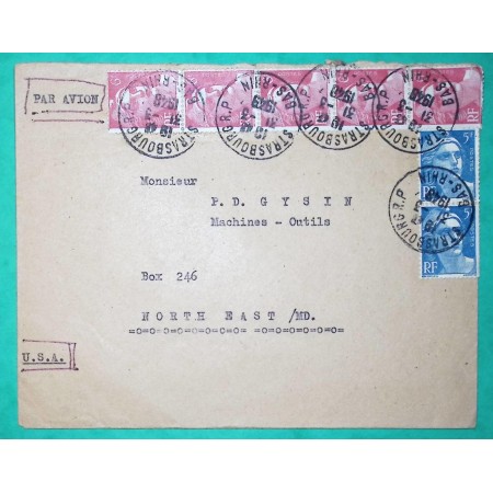 N°719B x2 + 721 x5 MARIANNE DE GANDON LETTRE PAR AVION STRASBOURG BAS RHIN POUR NORTH EAST MARYLAND USA AMERICA 1949