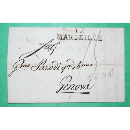 MARQUE 12 MARSEILLE BOUCHES DU RHONE CACHET TRANSIT NIZZA MARE POUR GENES GENEVA ITALIE ITALIA 1826 LETTRE COVER FRANCE