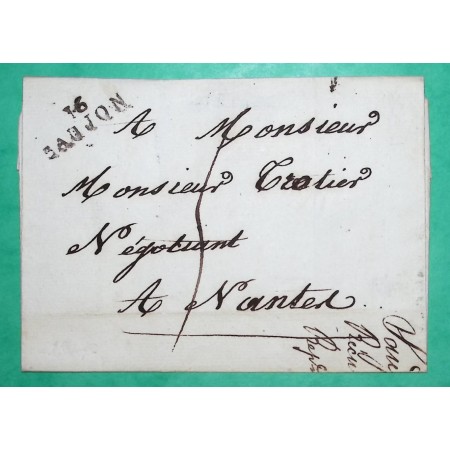 MARQUE 16 SAUJON CHARENTE INFERIEURE POUR NANTES LOIRE INFERIEURE 25x8 1814 LETTRE COVER FRANCE