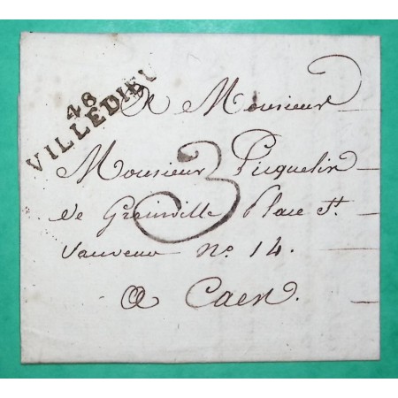 MARQUE 46 VILLEDIEU LES POELES MANCHE DEPART MESNIL GARNIER POUR CAEN CALVADOS 42x9 1823 LETTRE COVER FRANCE