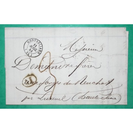 CAD TYPE 15 MONTBELIARD DOUBS DECIME RURALE FORGES AUDINCOURT POUR LUXEUIL HAUTE SAONE 1844 LETTRE COVER FRANCE