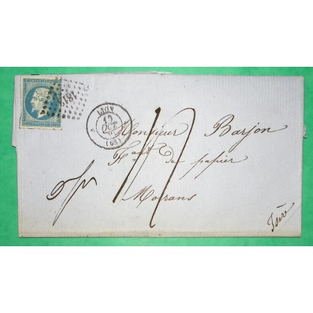 N°14 PC 1818 A LYON A RHONE TAXE MANUSCRITE 4 AFFRANCHISSEMENT INSUFFISANT POUR MOIRANS ISERE 1860 LETTRE COVER FRANCE