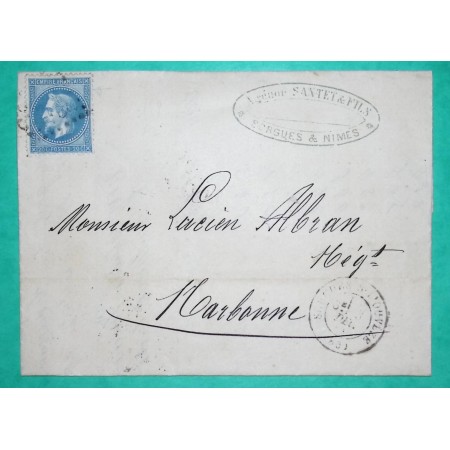 N°29 GC 3440 SORGUES SUR L'OUVEZE VAUCLUSE POUR NARBONNE AUDE 1869 AMBULANT JOUR LYON A MARSEILLE 3° VERSO COVER FRANCE
