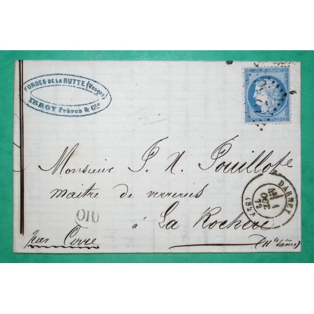 N°60A GC 1280 DARNEY VOSGES OR ORIGINE RURALE LA HUTTE POUR LA ROCHERE HAUTE SAONE 1872 LETTRE COVER FRANCE