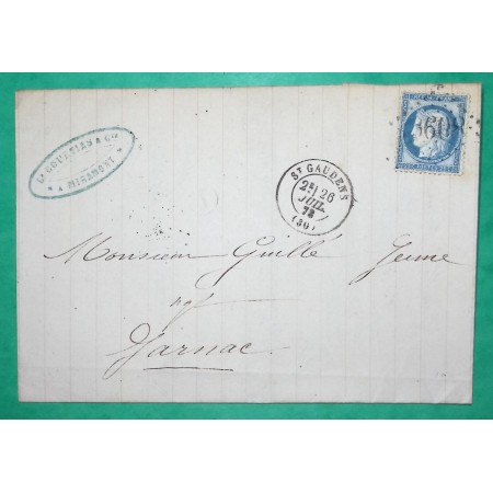 N°60A GC 3608 ST GAUDENS HAUTE GARONNE BOITE RURALE T MIRAMONT POUR JARNAC CHARENTE 1873 LETTRE COVER FRANCE