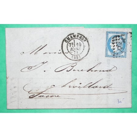 N°60B TYPE II GC 846 CHAMBERY SAVOIE POUR ARVILLARD 1874 LETTRE COVER FRANCE