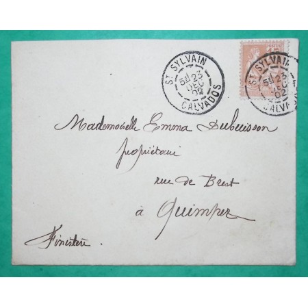 N°117 MOUCHON CAD TYPE A ST SYLVAIN CALVADOS POUR QUIMPER FINISTERE 1902 LETTRE COVER FRANCE