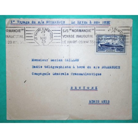 N°299 ENVELOPPE VOYAGE INAUGURAL PAQUEBOT NORMANDIE LE HAVRE A NEW YORK USA AMERICA 1935 LETTRE COVER FRANCE
