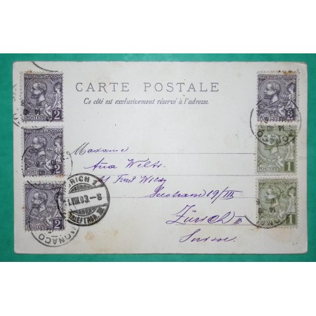 1C x2 + 2C x4 ALBERT Ier MONACO CARTE POSTALE AFFRANCHISSEMENT 10C MONTECARLO POUR ZURICH SUISSE 1903 LETTRE COVER