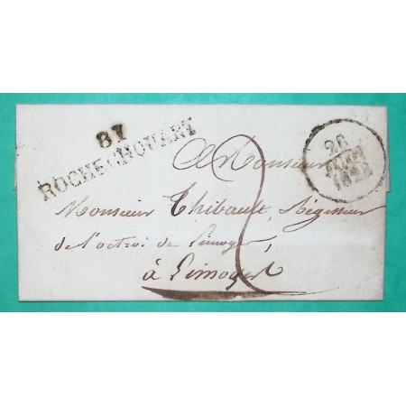 MARQUE 81 ROCHECHOUART HAUTE VIENNE POUR LIMOGES 49x11 1828 LETTRE COVER FRANCE