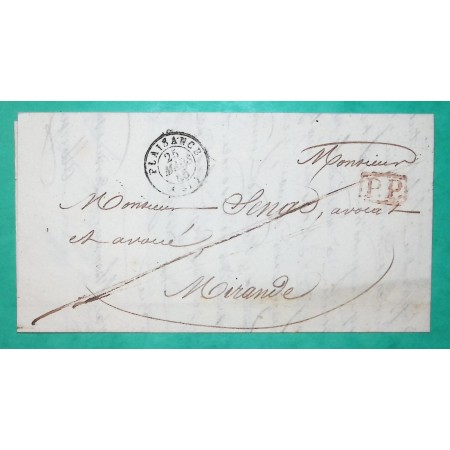 CAD TYPE 15A PLAISANCE GERS PP PORT PAYE DEPART FUSTEROUAU POUR MIRANDE 1845 INDICE 12 LETTRE COVER FRANCE