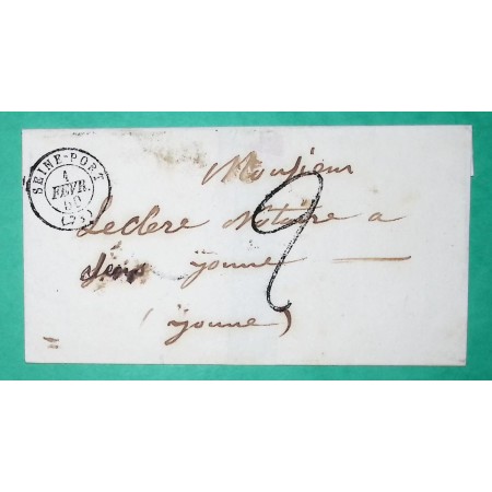 CAD TYPE 15 SEINE PORT SEINE ET MARNE TAXE TAMPON 2 POUR SENS YONNE 1850 LETTRE COVER FRANCE
