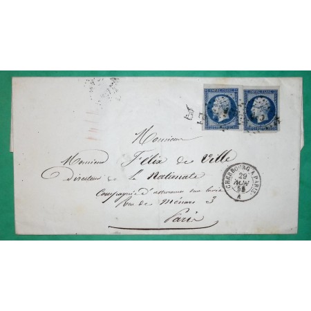 N°14 x2 BDF CACHET DE BANQUIER BT AMBULANT NUIT CHERBOURG A PARIS DOUBLE PORT POUR PARIS POSTE RESTANTE 1855 FRANCE