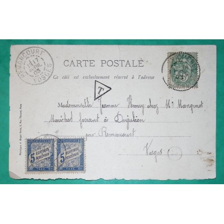 N°111 BLANC + TAXE DUVAL 5C BLEU x2 CARTE POSTALE DOMPAIRE BOITE RURALE A VICHEREY POUR REMONCOURT 1903 COVER FRANCE