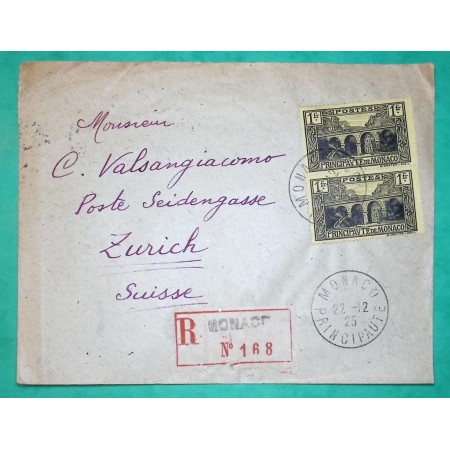 1F PRINCIPAUTE DE MONACO x2 RECOMMANDE POUR ZURICH SUISSE 1925 LETTRE COVER
