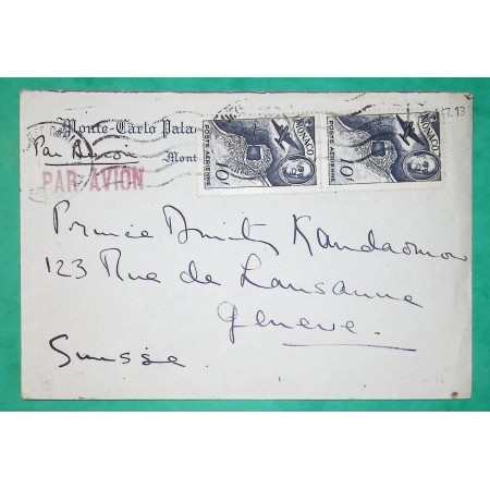 10F POSTE AERIENNE ROOSEVELT x2 MONACO LETTRE PAR AVION MONTE CARLO POUR GENEVE SUISSE COVER