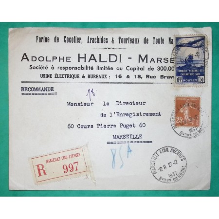 N°235 + 320 RECOMMANDE LOCAL MARSEILLE CINQ AVENUES PUB FARINE DE COCOTIERS ARACHIDES HALDI 1937 LETTRE COVER FRANCE