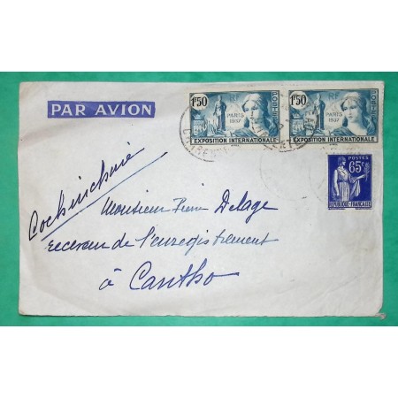 N°336 x2 + 365 EXPO INTERNATIONALE PARIS PAIX LETTRE PAR AVION MONTMOREAU CHARENTE POUR CANTHO COCHINCHINE 1937 FRANCE
