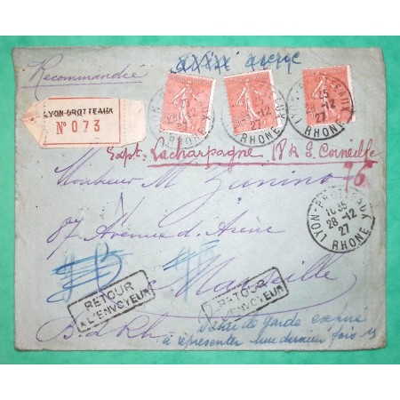 N°199 x3 SEMEUSE LIGNEE RECOMMANDE LYON LES BROTTEAUX RHONE GRIFFE RETOUR ENVOYEUR ABSENT DELAI EXPIRE 1928 COVER FRANCE