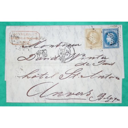 N°28 + 29 ETOILE DE PARIS POUR DAVID WINTER PHOTOGRAPHE ANVERS BELGIQUE 1869 LETTRE COVER FRANCE