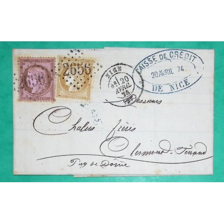 N°58 + 59 GC 2656 NICE ALPES MARITIMES POUR CLERMONT FERRAND PUY DE DOME 1874 LETTRE COVER FRANCE