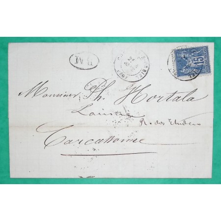 N°90 SAGE CAD TYPE 17 CONQUES SUR ORBIEL AUDE BM BOITE MOBILE DEPART ILHES CABARDES POUR CARCASSONNE 1879 COVER FRANCE