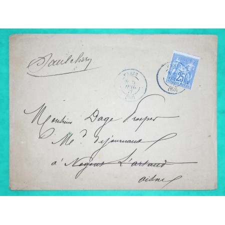 N°78 SAGE CAD TYPE 17 PARIS BLEU POUR NOGENT L'ARTAUD AISNE 1877 LETTRE COVER FRANCE