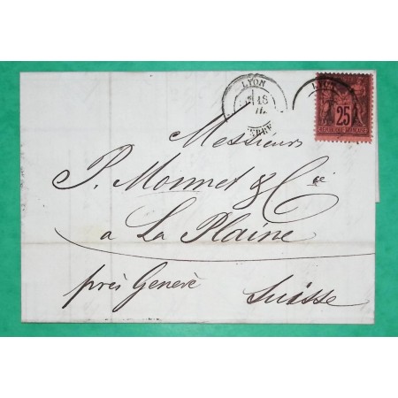 N°91 SAGE 25C NOIR SUR ROUGE LETTRE LYON RHONE POUR LA PLAINE GENEVE SUISSE 1879 LETTRE COVER FRANCE
