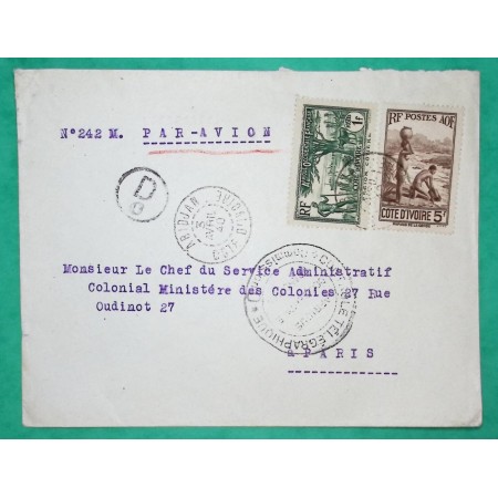 LETTRE PAR AVION ABIDJAN AOF COTE D'IVOIRE CENSURE POUR PARIS 1940 WW2 COVER FRANCE