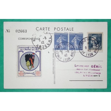 N°279 x2 + 295 MIXTE SEMEUSE JACQUARD CARTE POSTALE VIGNETTE CHAMPIONNAT DU MONDE D'ATHLETISME ARMEE DE L'AIR 1942