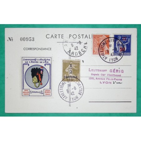N°279A + 408 + 482 MIXTE SEMEUSE MERCURE PAIX CARTE POSTALE VIGNETTE CHAMPIONNAT ATHLETISME ARMEE DE L'AIR 1942 LYON