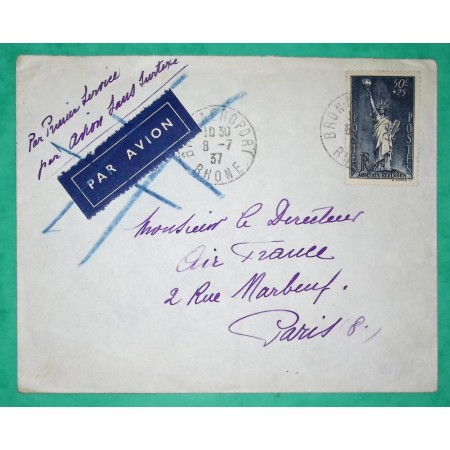 N°352 STATUE LIBERTE LETTRE PAR AVION PREMIER SERVICE SANS SURTAXE BRON RHONE POUR PARIS 1937 COVER FRANCE