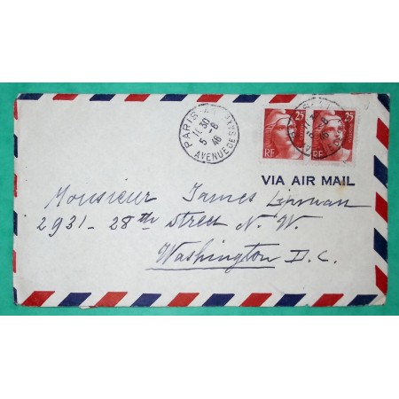 N°729 x2 25F MARIANNE DE GANDON LETTRE PAR AVION PARIS POUR WASHINGTON USA AMERICA 1946 COVER FRANCE