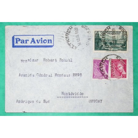 N°394 + 406 + 410 MERCURE PORT ST MALO LETTRE PAR AVION ALTKIRCH HAUT RHIN POUR MONTEVIDEO URUGUAY 1939 COVER FRANCE