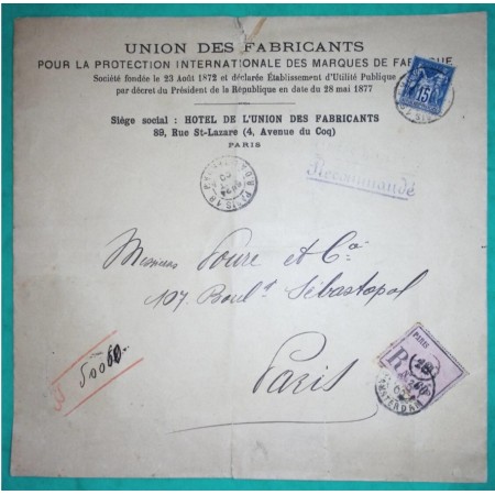 N°90 SAGE RECOMMANDE PAPIERS D'AFFAIRE PARIS R. D'AMSTERDAM ETIQUETTE ROSE POUR PARIS BOULEVARD SEBASTOPOL 1900 FRANCE