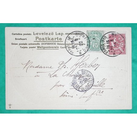 N°111 + 124 MIXTE BLANC MOUCHON LEVEE EXCEPTIONNELLE PARIS R. D'AMSTERDAM CARTE POSTALE LA BOUILLE SEINE INFERIEURE 1902