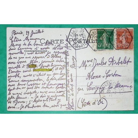 N°137 + 138 SEMEUSE LEVEE EXCEPTIONNELLE PARIS RUE DANTON CARTE POSTALE SENS YONNE POUR SAVIGNY COTE D'OR 1912 FRANCE
