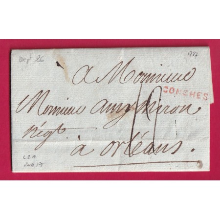 MARQUE CONCHES EURE EN ROUGE 1787 LENAIN N°2A INDICE 17 POUR ORLEANS LOIRET LETTRE