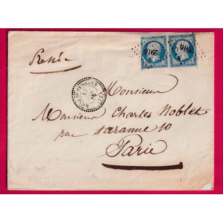 N°14 PAIRE PC 2910 SOISSY SOUS ETIOLLES SEINE ET OISE POUR PARIS 1859 CAD TYPE 22 LETTRE