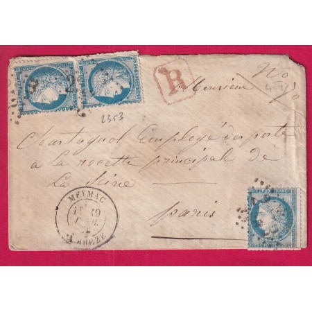 N°60 PAIRE  + UN GC 2353 MEYMAC CORREZE CAD TYPE 18 LETTRE RECOMMANDE POUR PARIS LETTRE