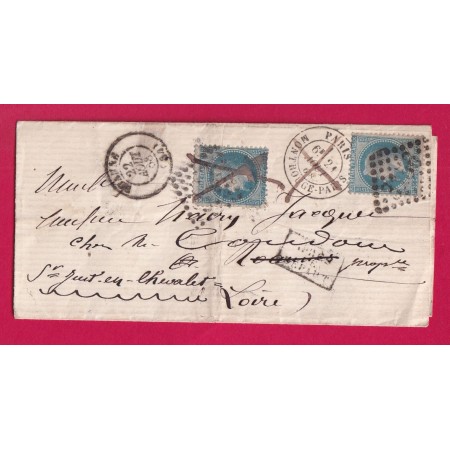 N°29 LETTRE REEXPEDIEE AVEC N°29 DE ROANNE LOIRE POUR ST JUST EN CHEVALET DEPART PARIS MONTROUGE 1868 LETTRE
