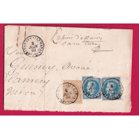 N°21 + 29 X2 CAD TYPE 15 BRINON LES ALLEMANDS NIEVRE 1869 POUR CLAMECY TARIF PAPIERS AFFAIRES LETTRE